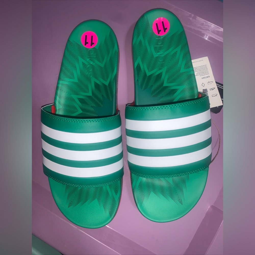Adidas Green and White Striped Slides